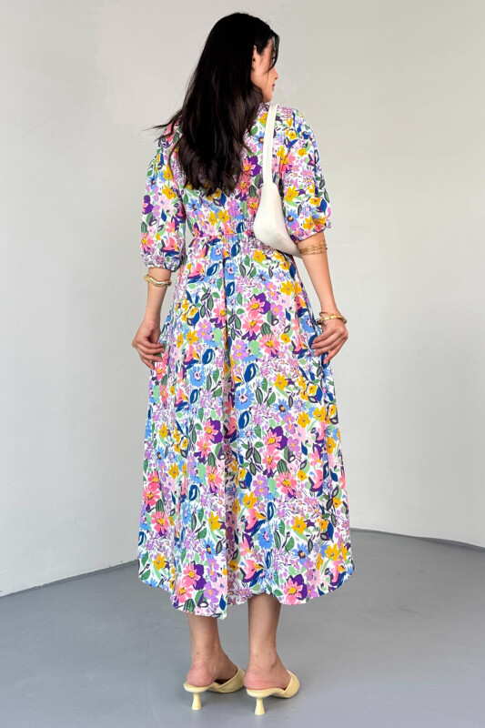 ELB-01814 Mavi Pastel Bloom Çiçekli Kruvaze Yaka Yazlık Elbise - 4