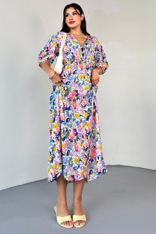 ELB-01814 Mavi Pastel Bloom Çiçekli Kruvaze Yaka Yazlık Elbise - 5