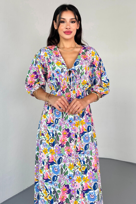 ELB-01814 Mavi Pastel Bloom Çiçekli Kruvaze Yaka Yazlık Elbise - 6