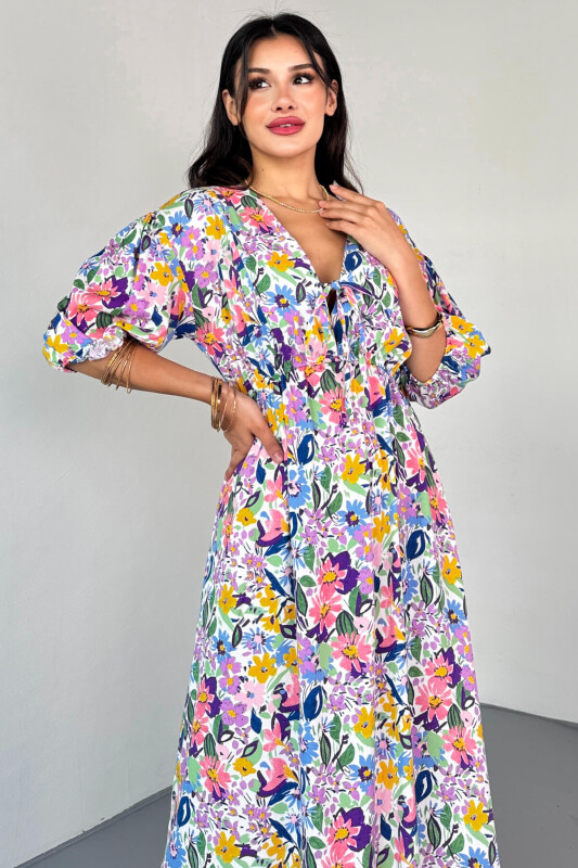 ELB-01814 Mavi Pastel Bloom Çiçekli Kruvaze Yaka Yazlık Elbise - 2