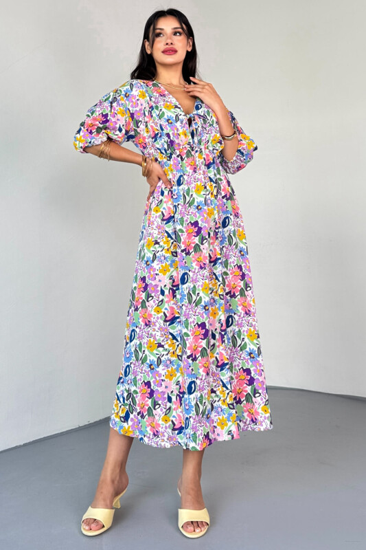 ELB-01814 Mavi Pastel Bloom Çiçekli Kruvaze Yaka Yazlık Elbise - 7