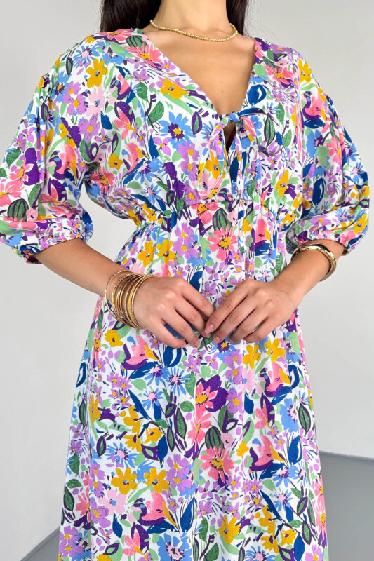 ELB-01814 Mavi Pastel Bloom Çiçekli Kruvaze Yaka Yazlık Elbise - 3