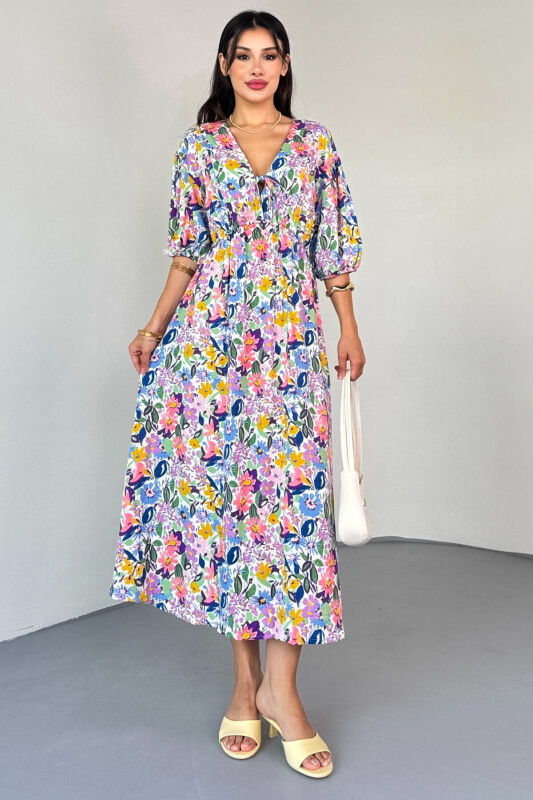 ELB-01814 Mavi Pastel Bloom Çiçekli Kruvaze Yaka Yazlık Elbise - 8