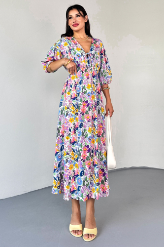 ELB-01814 Mavi Pastel Bloom Çiçekli Kruvaze Yaka Yazlık Elbise - 9