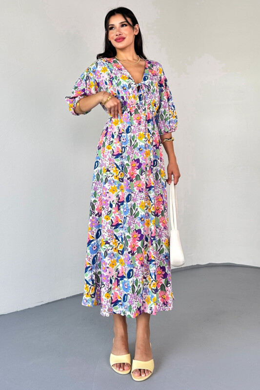 ELB-01814 Mavi Pastel Bloom Çiçekli Kruvaze Yaka Yazlık Elbise - 9