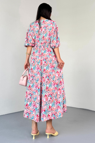 ELB-01814 Pembe Pastel Bloom Çiçekli Kruvaze Yaka Yazlık Elbise - 5
