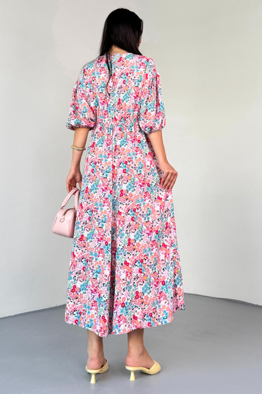 ELB-01814 Pembe Pastel Bloom Çiçekli Kruvaze Yaka Yazlık Elbise - 5