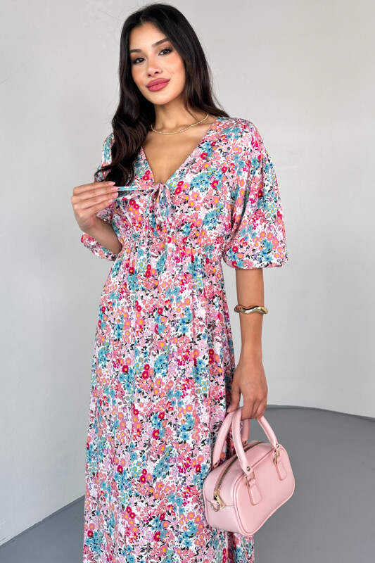 ELB-01814 Pembe Pastel Bloom Çiçekli Kruvaze Yaka Yazlık Elbise - 6