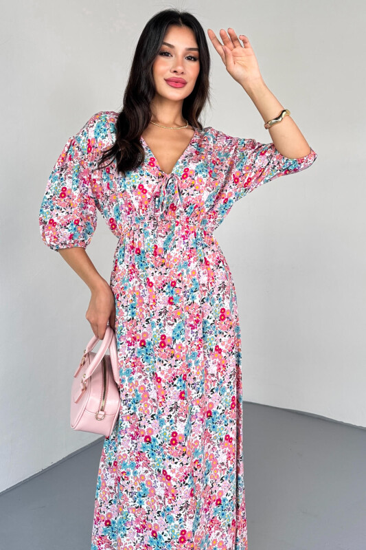 ELB-01814 Pembe Pastel Bloom Çiçekli Kruvaze Yaka Yazlık Elbise - 2
