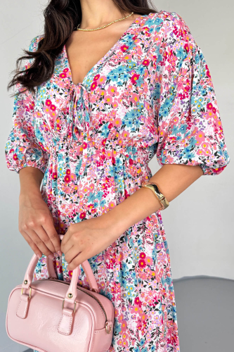 ELB-01814 Pembe Pastel Bloom Çiçekli Kruvaze Yaka Yazlık Elbise - 4