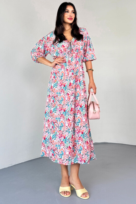 ELB-01814 Pembe Pastel Bloom Çiçekli Kruvaze Yaka Yazlık Elbise - 7