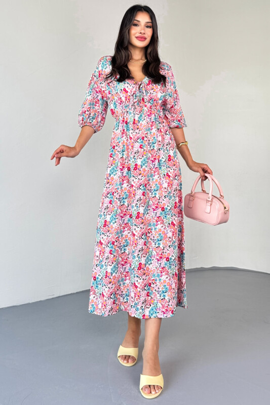 ELB-01814 Pembe Pastel Bloom Çiçekli Kruvaze Yaka Yazlık Elbise - 8