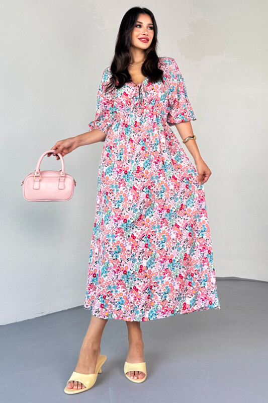 ELB-01814 Pembe Pastel Bloom Çiçekli Kruvaze Yaka Yazlık Elbise - 1