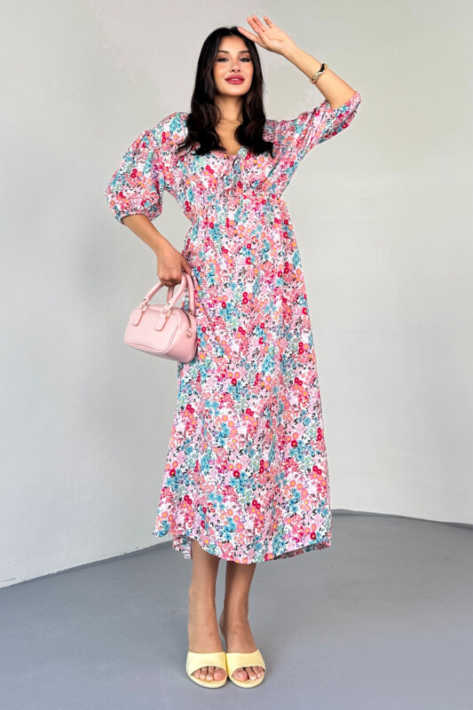 ELB-01814 Pembe Pastel Bloom Çiçekli Kruvaze Yaka Yazlık Elbise - 3