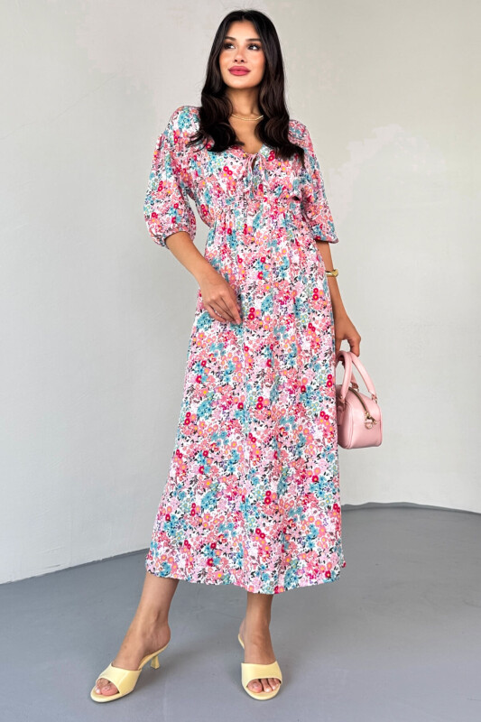 ELB-01814 Pembe Pastel Bloom Çiçekli Kruvaze Yaka Yazlık Elbise - 9