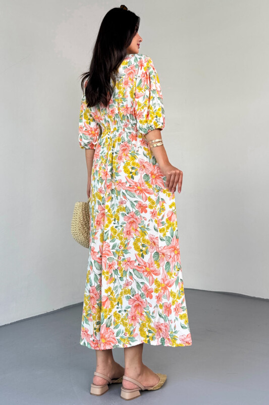 ELB-01814 Sarı Pastel Bloom Çiçekli Kruvaze Yaka Yazlık Elbise - 4