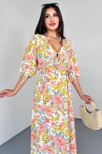ELB-01814 Sarı Pastel Bloom Çiçekli Kruvaze Yaka Yazlık Elbise - 2
