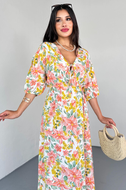 ELB-01814 Sarı Pastel Bloom Çiçekli Kruvaze Yaka Yazlık Elbise - 2