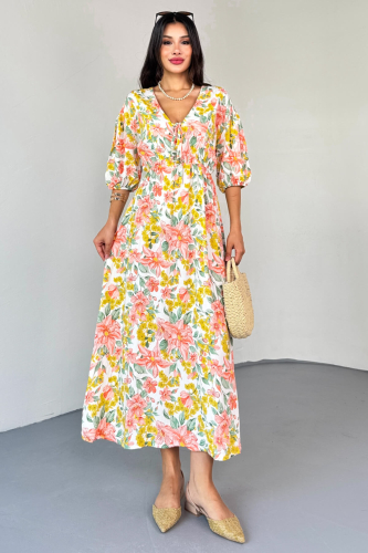 ELB-01814 Sarı Pastel Bloom Çiçekli Kruvaze Yaka Yazlık Elbise - 5