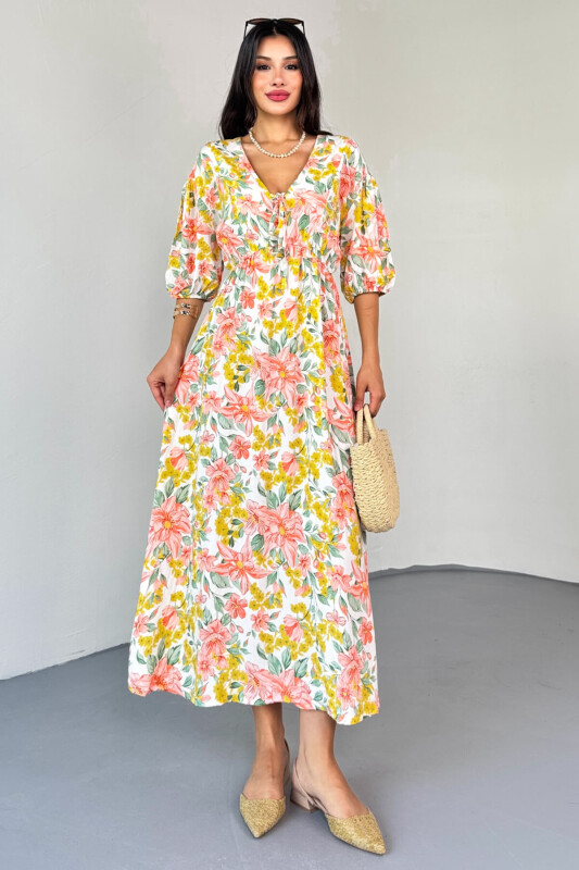 ELB-01814 Sarı Pastel Bloom Çiçekli Kruvaze Yaka Yazlık Elbise - 5