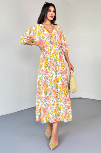 ELB-01814 Sarı Pastel Bloom Çiçekli Kruvaze Yaka Yazlık Elbise 
