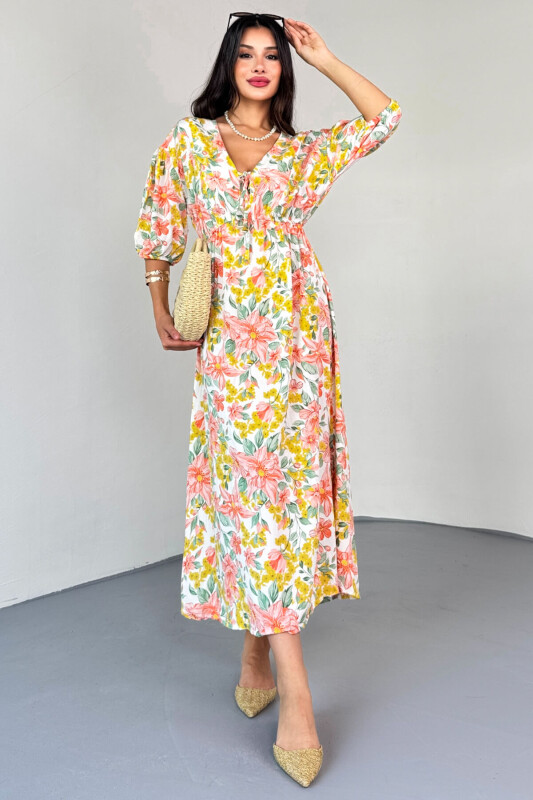 ELB-01814 Sarı Pastel Bloom Çiçekli Kruvaze Yaka Yazlık Elbise - 6