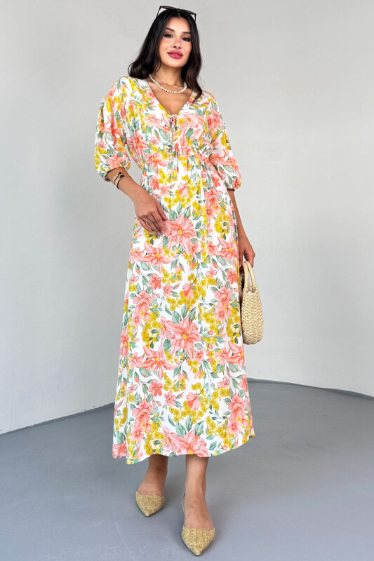 ELB-01814 Sarı Pastel Bloom Çiçekli Kruvaze Yaka Yazlık Elbise - 7