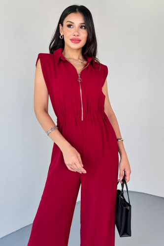 ELB-01815 Bordo Vatkalı Polo Yaka Fermuarlı Tulum - 2