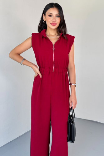 ELB-01815 Bordo Vatkalı Polo Yaka Fermuarlı Tulum - 9