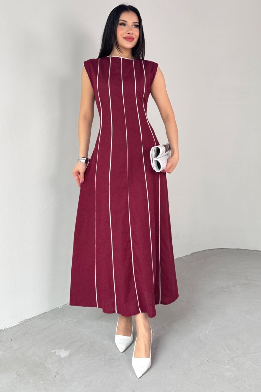 ELB-0402 Bordo Çizgi Detaylı Keten Kumaş Midi Boy Elbise