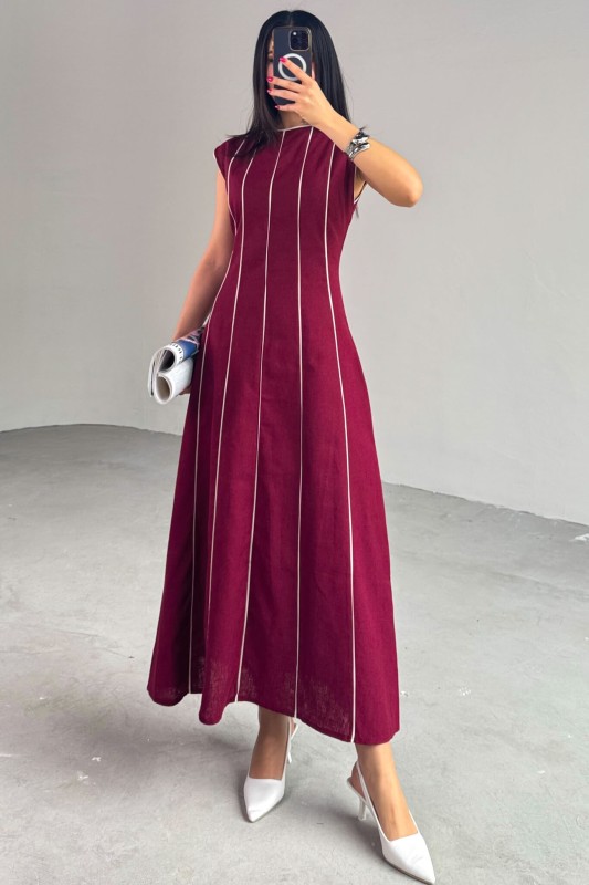 ELB-0402 Bordo Çizgi Detaylı Keten Kumaş Midi Boy Elbise