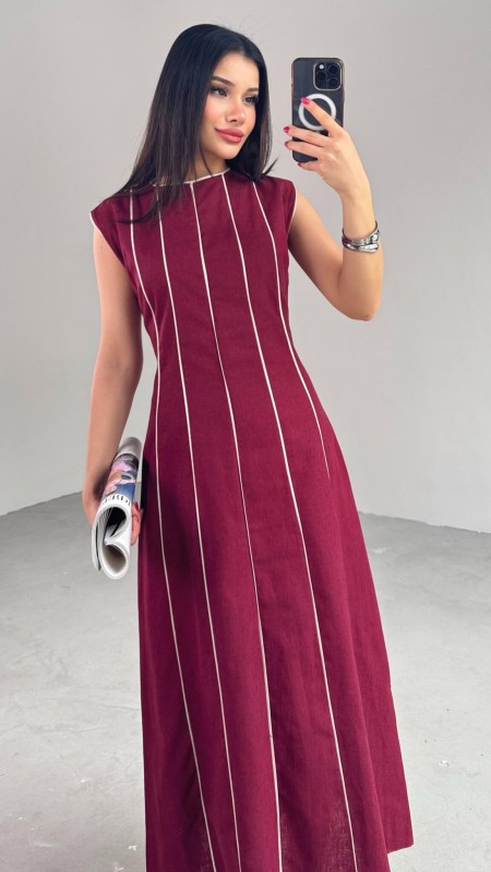 ELB-0402 Bordo Çizgi Detaylı Keten Kumaş Midi Boy Elbise