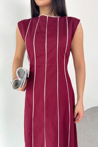 Cappmoda - ELB-0402 Bordo Çizgi Detaylı Keten Kumaş Midi Boy Elbise (1)