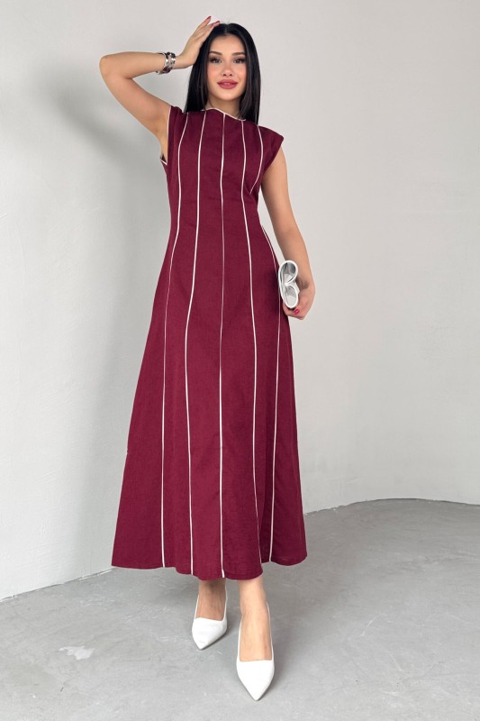 ELB-0402 Bordo Çizgi Detaylı Keten Kumaş Midi Boy Elbise