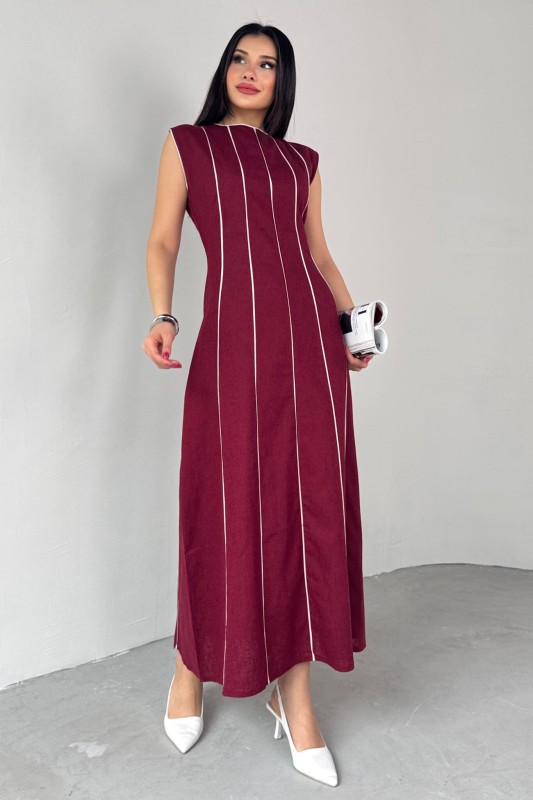 ELB-0402 Bordo Çizgi Detaylı Keten Kumaş Midi Boy Elbise