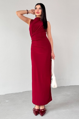 Cappmoda - ELB-13287 Bordo Yan Büzgülü Dik Yaka Sıfır Kol Uzun Elbise (1)