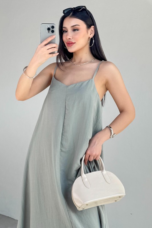 ELB-2975 Haki Ayarlanabilir Askılı Midi Boy Elbise