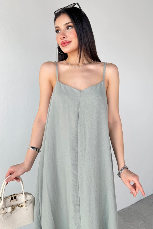 ELB-2975 Haki Ayarlanabilir Askılı Midi Boy Elbise