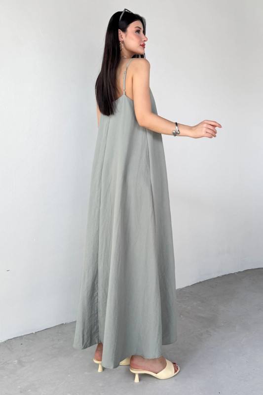 ELB-2975 Haki Ayarlanabilir Askılı Midi Boy Elbise