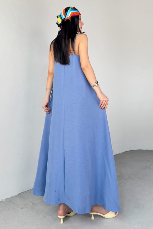 ELB-2975 Mavi Ayarlanabilir Askılı Midi Boy Elbise