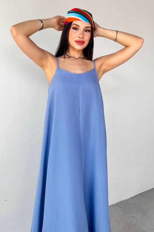 ELB-2975 Mavi Ayarlanabilir Askılı Midi Boy Elbise