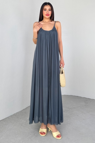 Cappmoda - ELB-3173 Antrasit Askılı Astarlı Midi Boy Elbise (1)