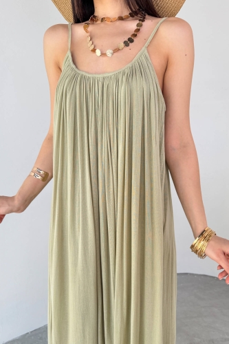 Cappmoda - ELB-3173 Haki Askılı Astarlı Midi Boy Elbise (1)