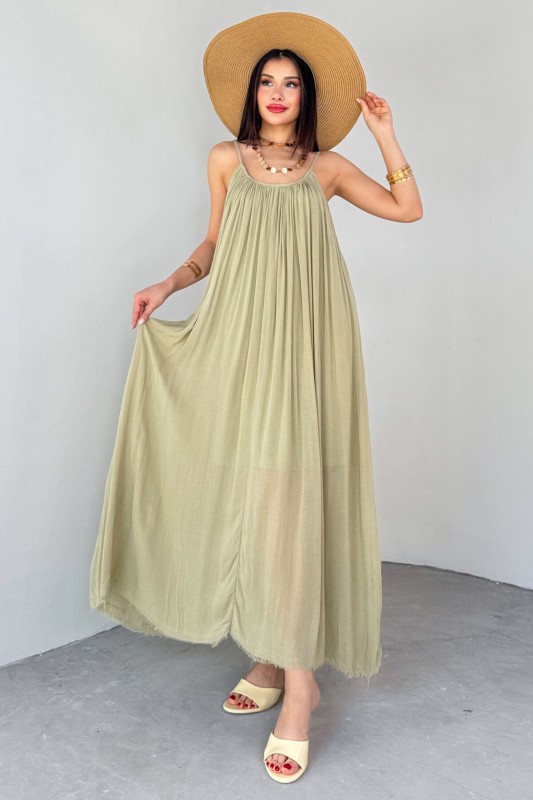 ELB-3173 Haki Askılı Astarlı Midi Boy Elbise