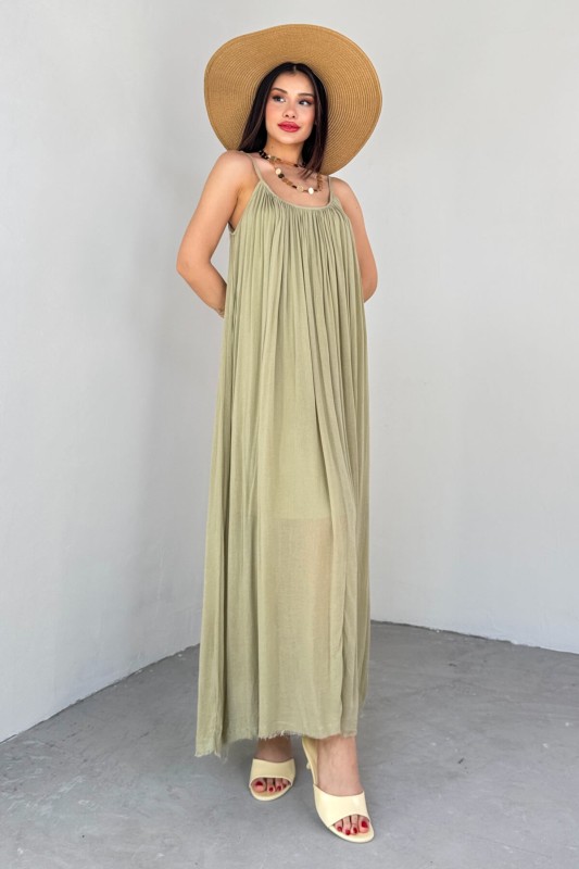 ELB-3173 Haki Askılı Astarlı Midi Boy Elbise