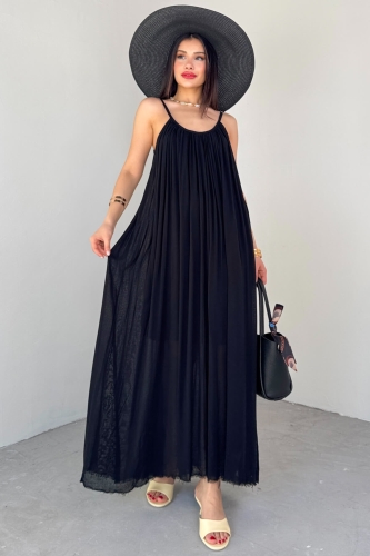 Cappmoda - ELB-3173 Siyah Askılı Astarlı Midi Boy Elbise (1)