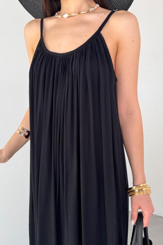 ELB-3173 Siyah Askılı Astarlı Midi Boy Elbise