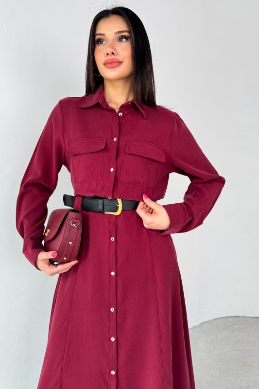 ELB-8189 Bordo Kemerli Cep Detaylı Düğmeli Elbise