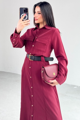 Cappmoda - ELB-8189 Bordo Kemerli Cep Detaylı Düğmeli Elbise (1)