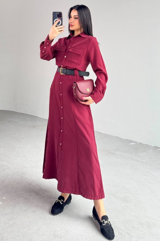 ELB-8189 Bordo Kemerli Cep Detaylı Düğmeli Elbise